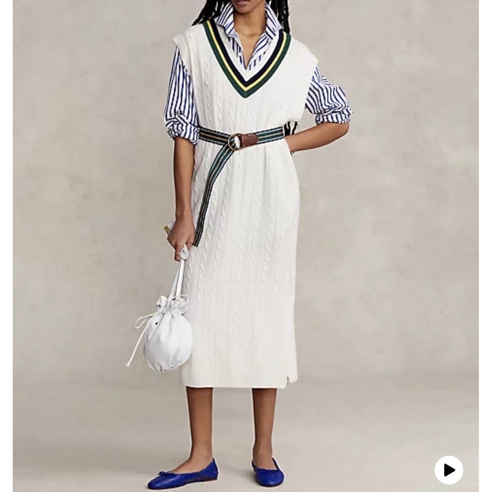 Polo Ralph Lauren Women's Cable-Knit Cricket Sweater Dress Cream SMALL NWT $498